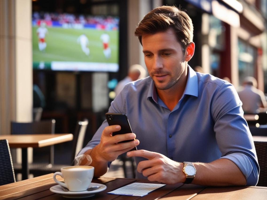 Man betting on phone at café while watching sports, coffee beside him.