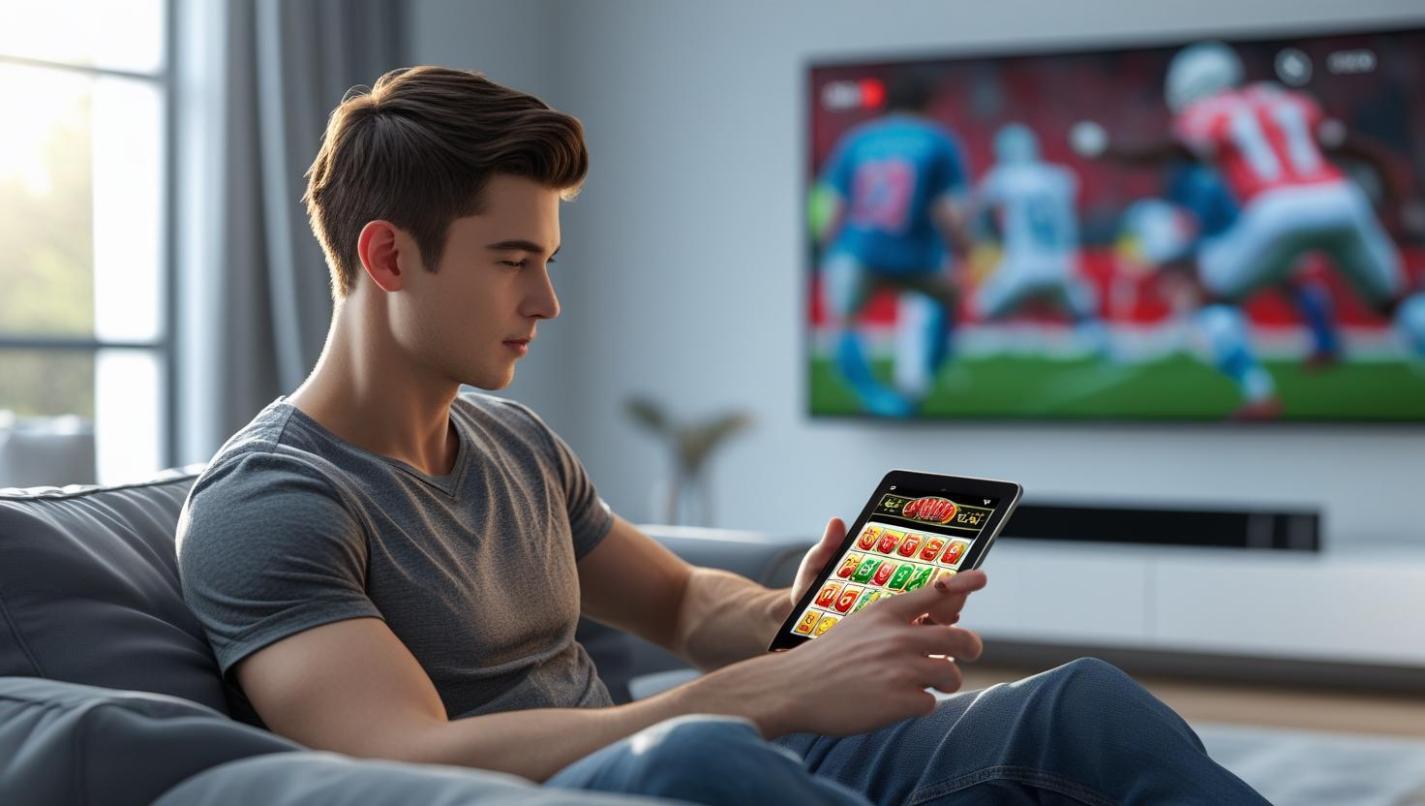 Man playing mobile slots while watching football game on TV in background.