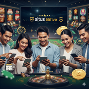 An image depicting several excited people in Indonesia, looking at their mobile devices with smiles, with a blurred online casino background featuring the text "Situs 55five".