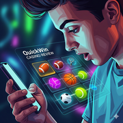 A vibrant digital illustration shows a person looking at a smartphone with a sports betting interface on the screen.