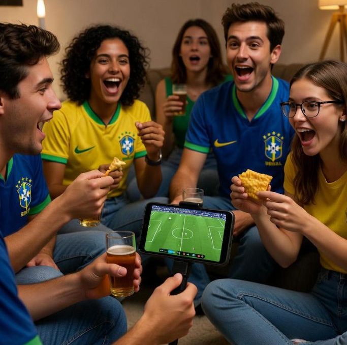 Brazilian football fans watching a match on a smartphone