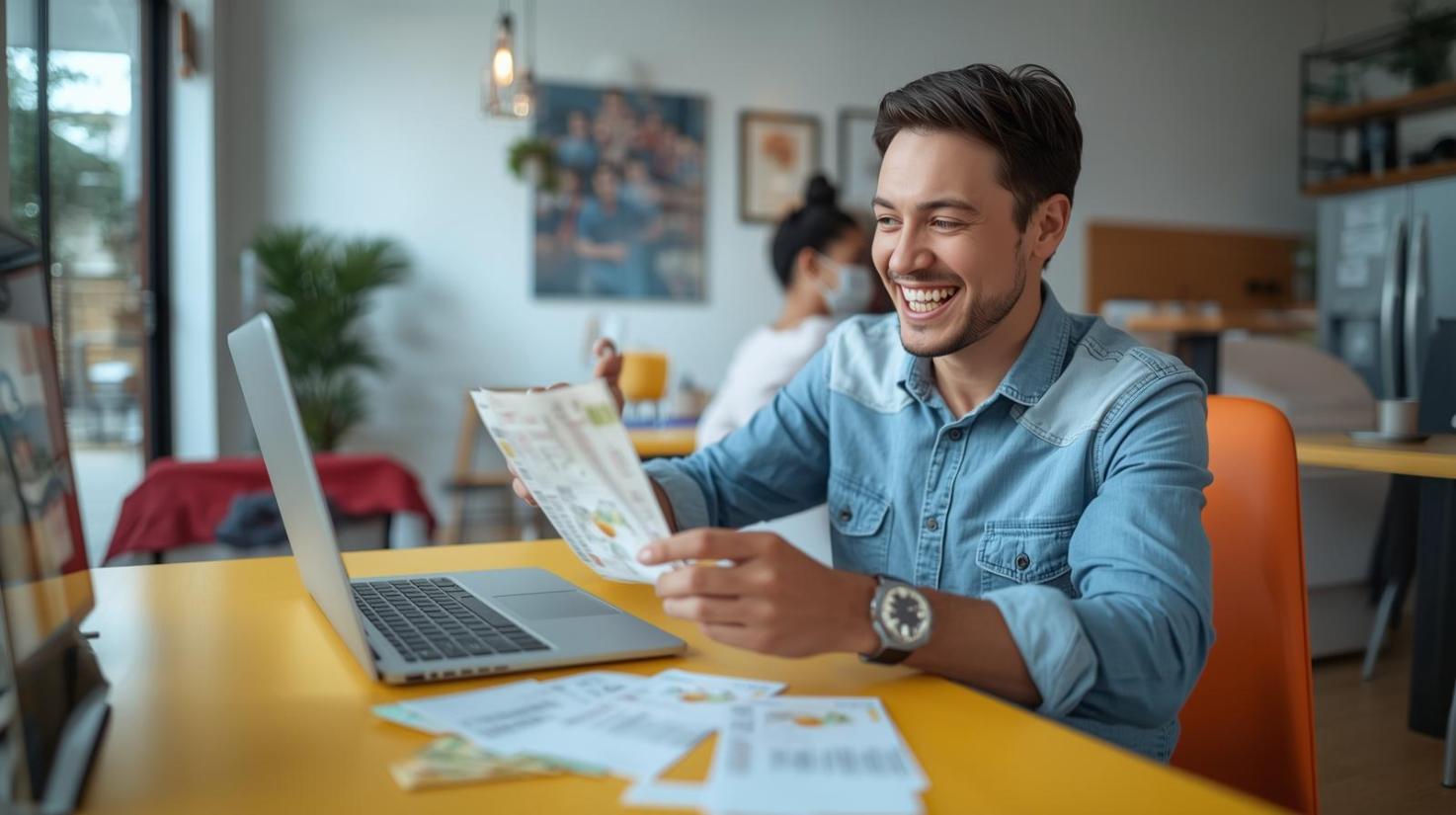 Thai person joyfully checking lottery results at bright modern desk indoors.