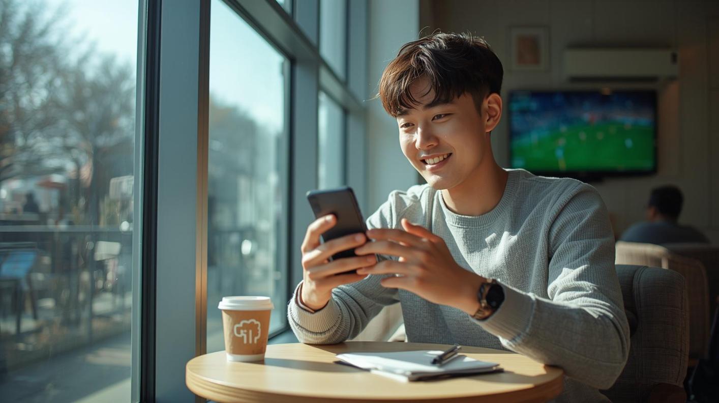 Smiling Korean man analyzing live match on smartphone in cafe.